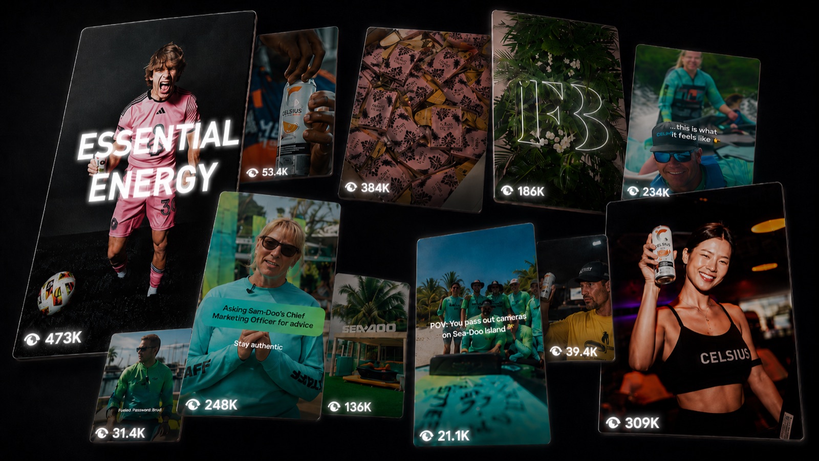 A wall of Rooted activation social videos and their view counts, from 21.1K to 473K