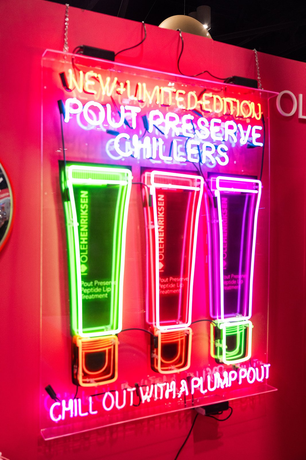 Ole Henriksen neon product wall for Pout Preserve Chillers