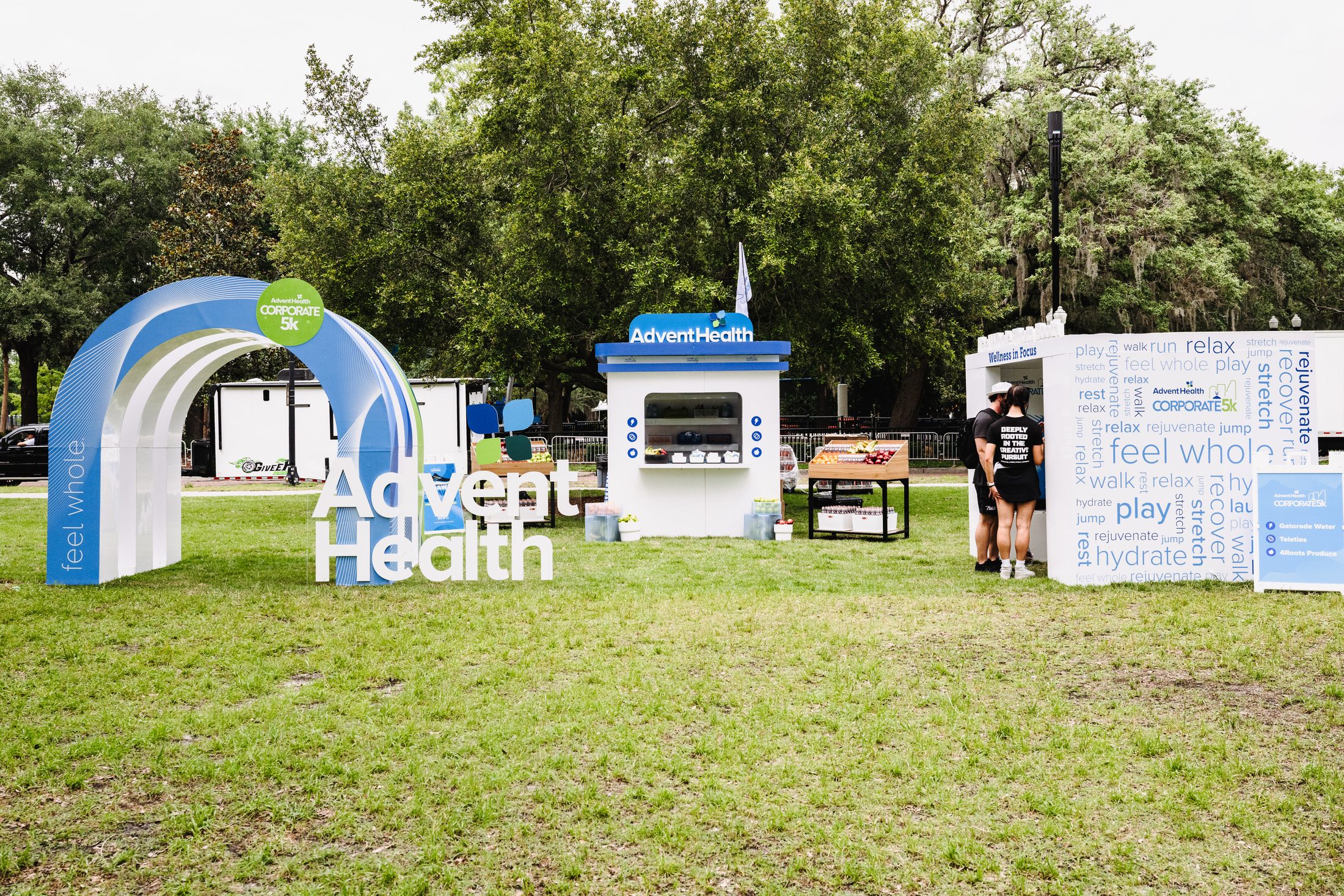 AdventHealth branded wellness build with dimensional signage and stations